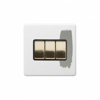 Primed Paintable 3 Gang Intermediate switch with Brushed Brass Switch with Black Insert