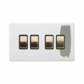 Primed Paintable 4 Gang Intermediate switch with Brushed Brass Switch with Black Insert