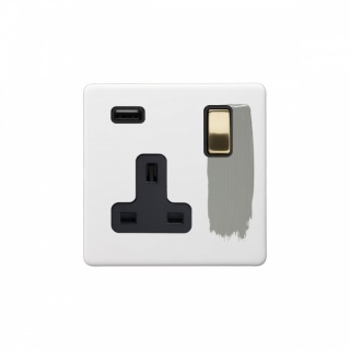 Primed Paintable 13A 1 Gang Double Pole Switched USB Socket (USB Output 2.1amp) with Brushed Brass Switch with Black Insert