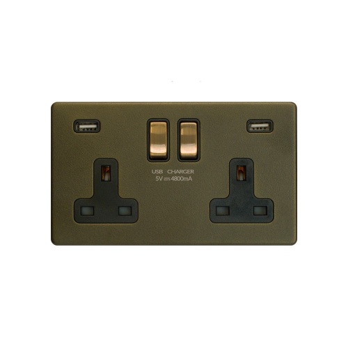 Bronze 13A 2 Gang DP USB Socket (USB 4.8amp) Black Inserts Screwless