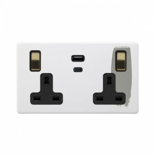 Primed Paintable 13A 2 Gang Super Fast Charge 45W USB A+C Socket with Brushed Brass Switch with Black Insert