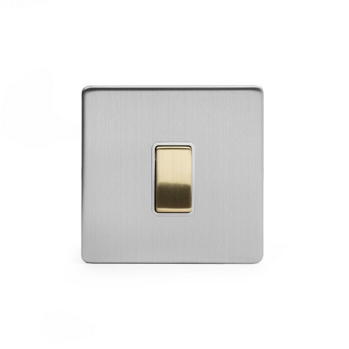 Brushed Chrome And Brushed Brass 20A 1 Gang DP Switch White Inserts Screwless