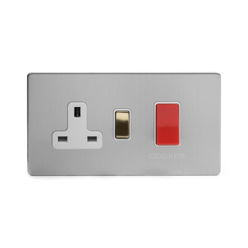 Brushed Chrome And Brushed Brass 45A Cooker Control Unit And Neon White Inserts Screwless