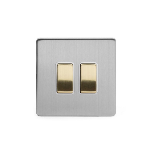 Brushed Chrome And Brushed Brass 20A 2 Gang 2 Way Switch White Inserts Screwless
