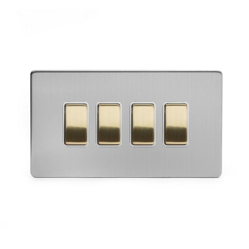 Brushed Chrome And Brushed Brass 20A 4 Gang 2 Way Switch White Inserts Screwless