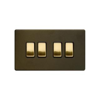 Bronze And Brushed Brass 10A 4 Gang 2 Way Switch Black Inserts Screwless