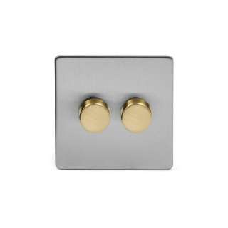 Brushed Chrome And Brushed Brass 2 Gang 2 Way Trailing Dimmer Screwless 100W LED (250w Halogen/Incandescent)