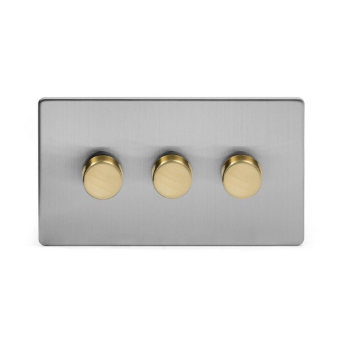 Brushed Chrome And Brushed Brass 3 Gang 2 Way Trailing Dimmer Screwless 100W LED (250w Halogen/Incandescent)