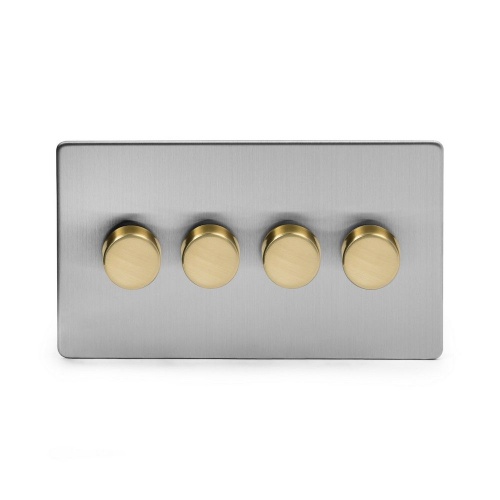Brushed Chrome And Brushed Brass 4 Gang 2 Way Trailing Dimmer Screwless 100W LED (250w Halogen/Incandescent)