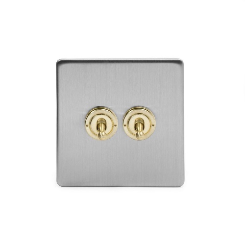 Brushed Chrome And Brushed Brass 20A 2 Gang 2 Way Toggle Switch Screwless