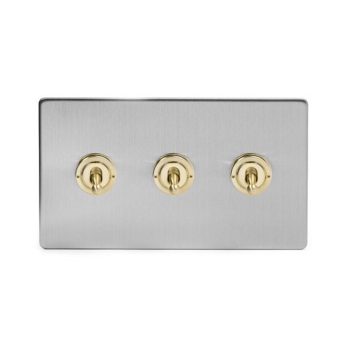 Brushed Chrome And Brushed Brass 20A 3 Gang 2 Way Toggle Switch Screwless