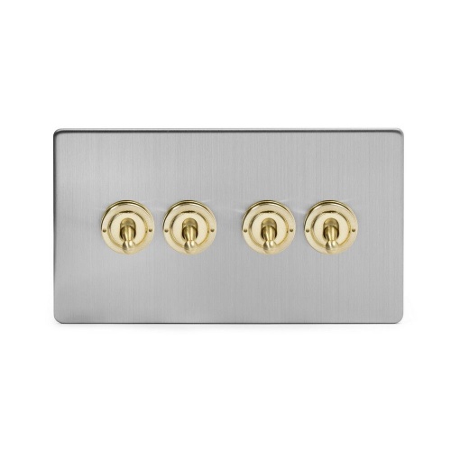 Brushed Chrome And Brushed Brass 20A 4 Gang 2 Way Toggle Switch Screwless