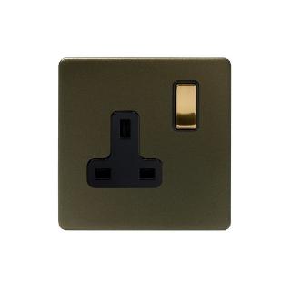 Bronze And Brushed Brass 13A 1 Gang Switched Socket, DP Black Inserts Screwless