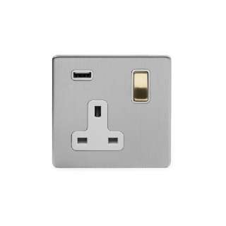 Brushed Chrome And Brushed Brass 13A 1 Gang DP USB Socket (USB 2.1amp) White Inserts Screwless