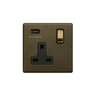 Bronze And Brushed Brass 13A 1 Gang DP USB Socket (USB 2.1amp) Black Inserts Screwless