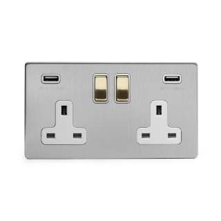 Brushed Chrome And Brushed Brass 13A 2 Gang DP USB Socket (USB 4.8amp) White Inserts Screwless