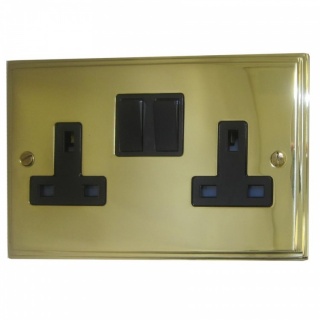 Victorian Polished Brass Double Socket (Black Switches)