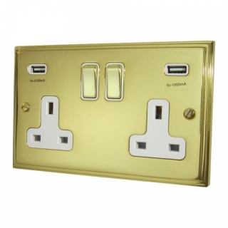 Victorian Cast Polished Brass Double Socket with USB (White Insert)