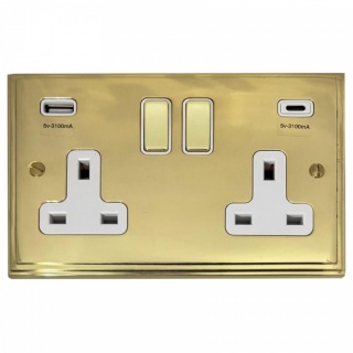 Victorian Cast Polished Brass Double Socket with USB (USB-A and USB-C/White Inserts Brass Switches)