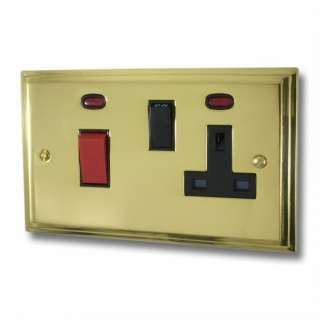 Victorian Polished Brass Cooker Switch Socket (Black Switch)