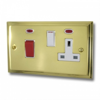 Victorian Polished Brass Cooker Switch with Socket (White Switch)