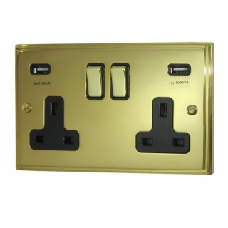Victorian Cast Polished Brass Double Socket with USB