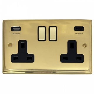 Victorian Cast Polished Brass Double Socket with USB (USB-A and USB-C/Black Inserts Brass Switches)