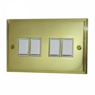 Victorian Polished Brass Light Switch (4 Gang/White Switches)