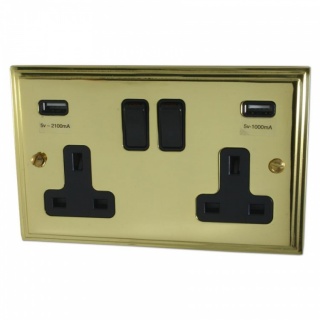 Victorian Cast Polished Brass Double Socket with USB (Black Switches)