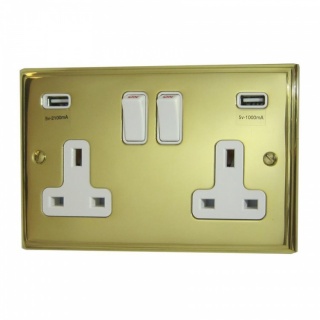 Victorian Polished Brass Double Socket with USB (White Switches)