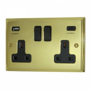 Victorian Cast Polished Brass Double Socket with USB (USB-A and USB-C/Black Switches)