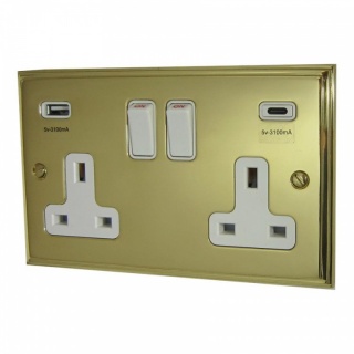 Victorian Polished Brass Double Socket with USB (USB-A and USB-C/White Switches)