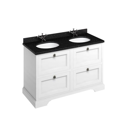 Freestanding 130 Unit with Black Granite Worktop, Drawers & 2 Integrated White Basins