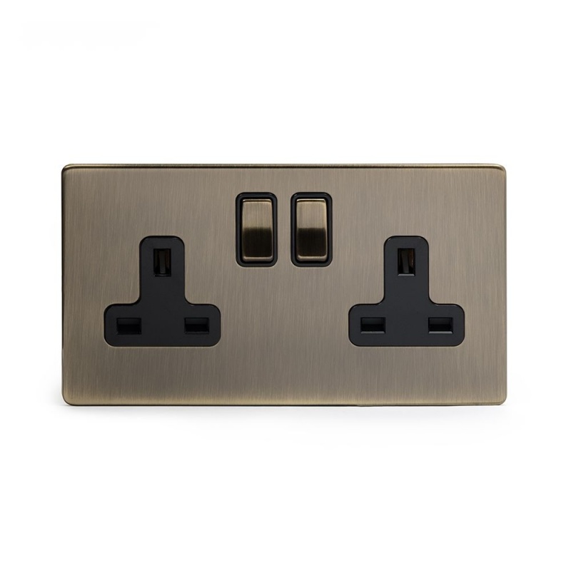 The Charterhouse Collection Aged Brass 2 Gang Double Pole Socket with Black Insert 13A