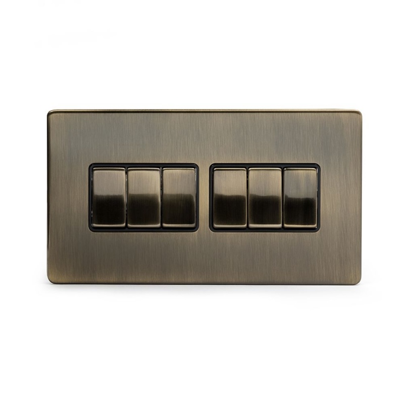 The Charterhouse Collection Aged Brass 10a 6 Gang 2 Way Switch With Black Insert