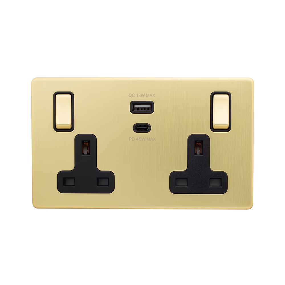 Brushed Brass with Black Insert 13A 2 Gang Super Fast Charge 45W USB A ...