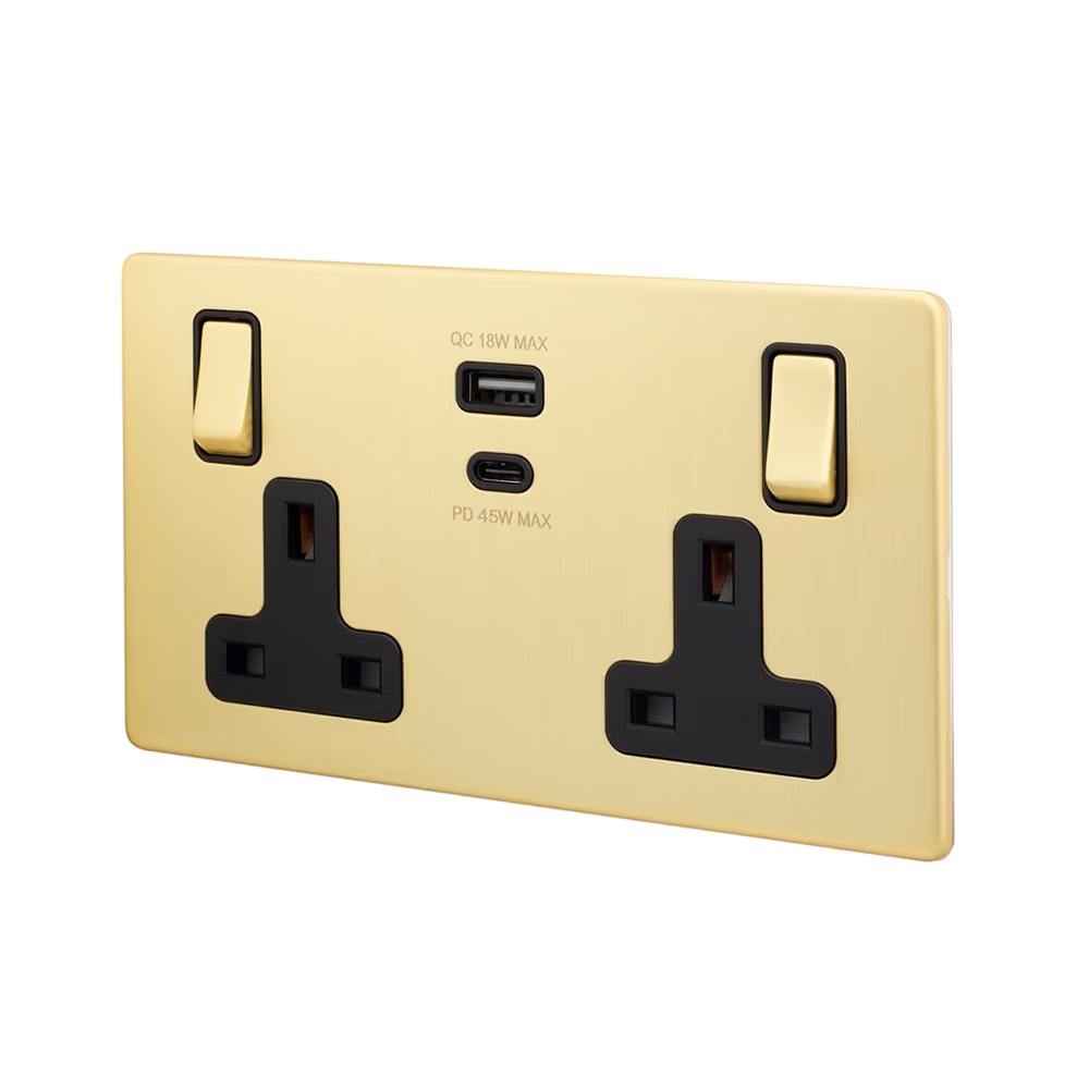 Brushed Brass with Black Insert 13A 2 Gang Super Fast Charge 45W USB A ...