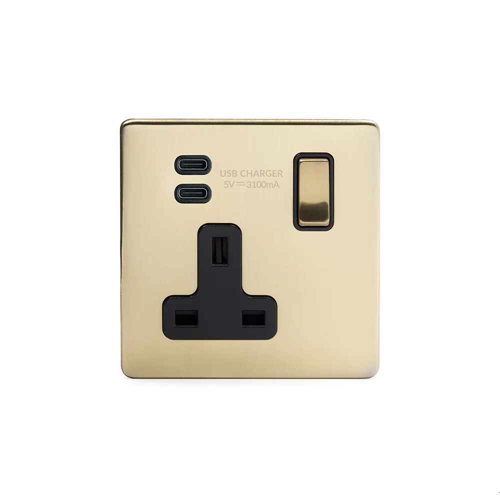 Usbc Rectangular Socket Brushed Brass 1 Gang USB C+C Socket (13A Socket + 2 USB C 3.1A Ports)