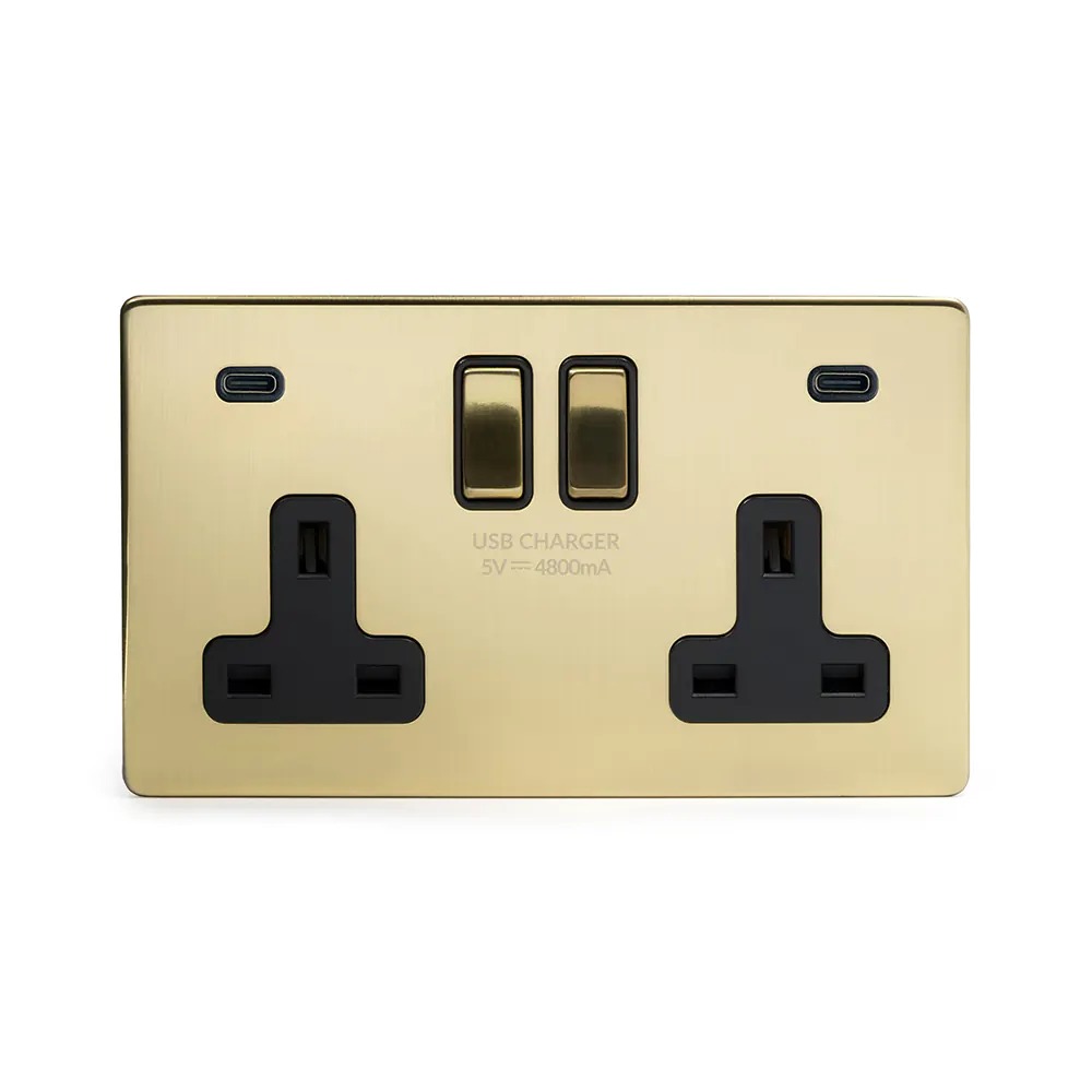 Brushed Brass 2 Gang USB C+C Socket (13A Socket + 2 USB C 4.8A Ports)