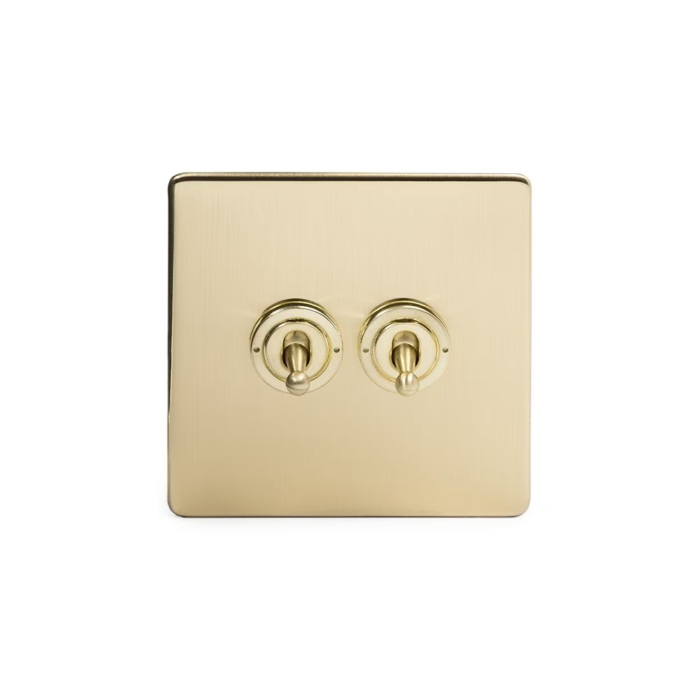 Brushed Brass 2 Gang Retractive Toggle Switch Screwless