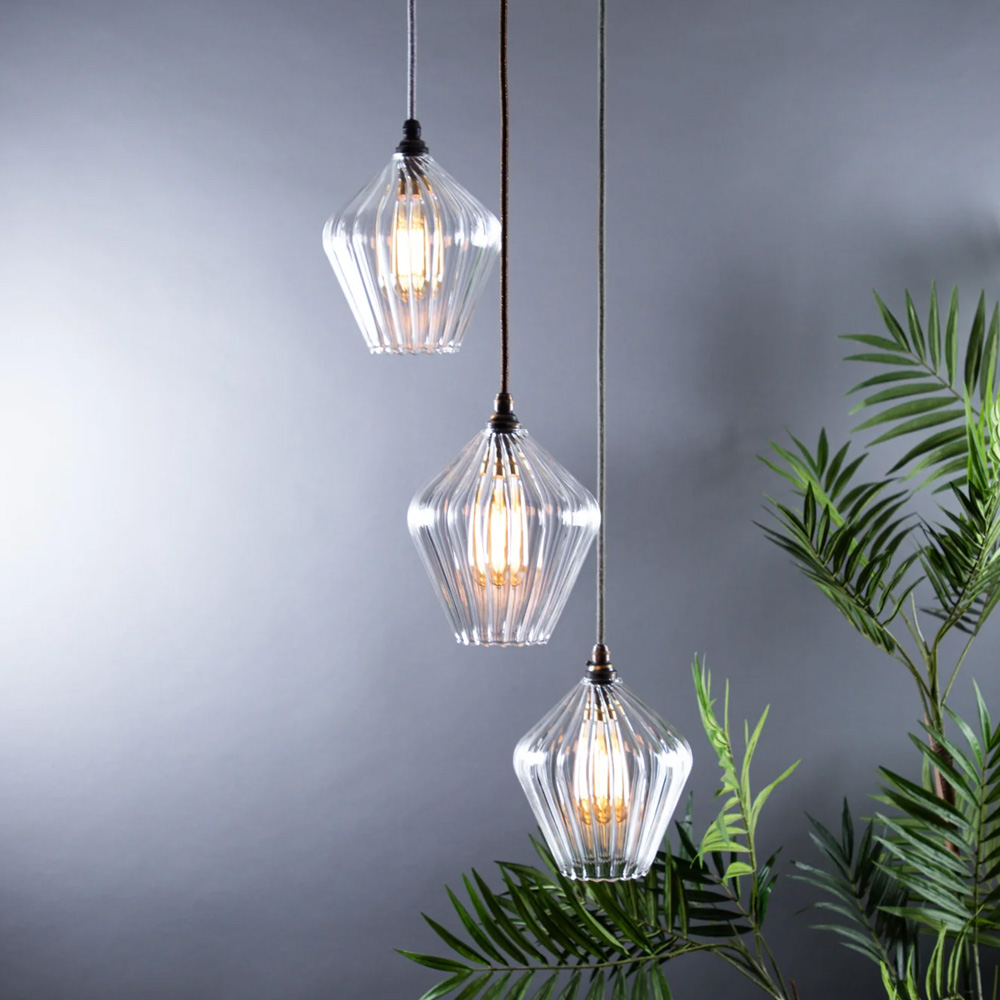Standard Olive Clear Ribbed Glass 3 Way Cluster Light