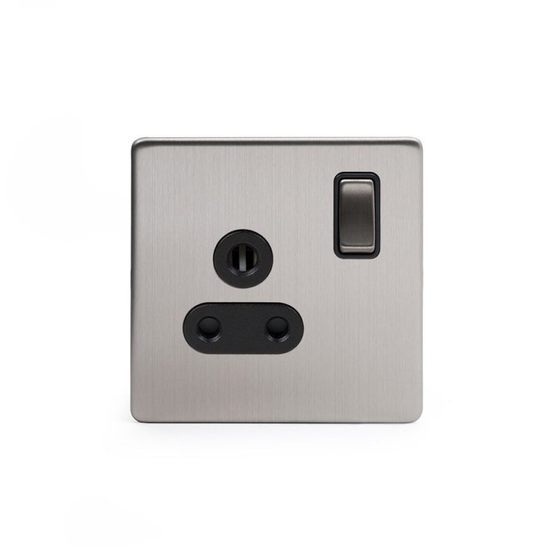 Brushed Chrome Sockets And Switches Brushed Chrome 5 Amp Socket Black Ins Switched Screwless - Satin Steel