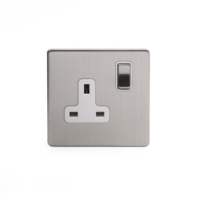 The Lombard Collection Satin Steel Luxury 1 Gang Double Pole Socket White Insert Single 13A