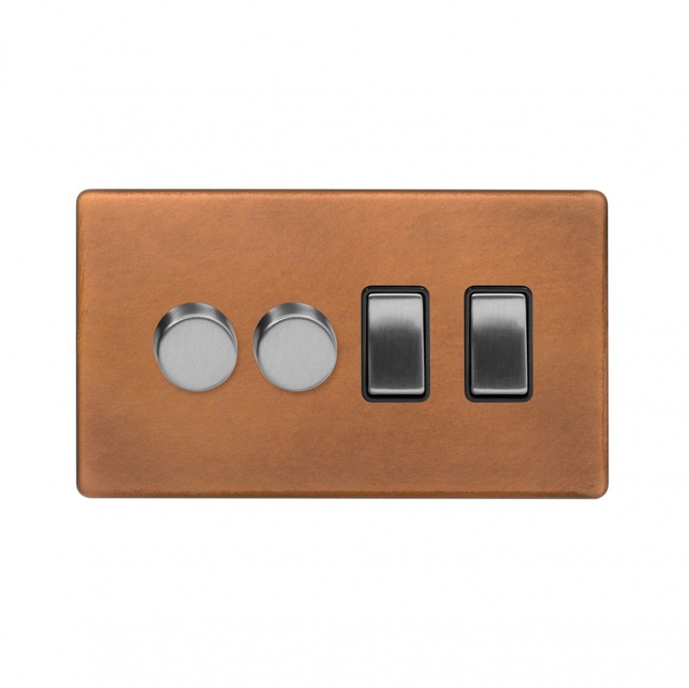 Fusion Antique Copper & Brushed Chrome 4 Gang Switch with 2 Dimmers