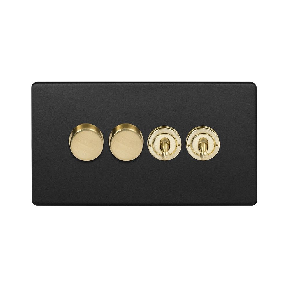 Fusion Matt Black & Brushed Brass 4 Gang Switch with 2 Dimmers (2x150W