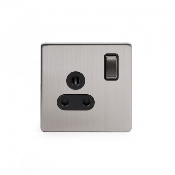 Brushed Chrome 5 Amp Socket Black Ins Switched Screwless - Satin Steel - Sockets & Switches