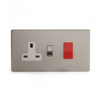 Brushed Chrome 45A Cooker Control with Socket with White Insert - Satin Steel - Sockets & Switches
