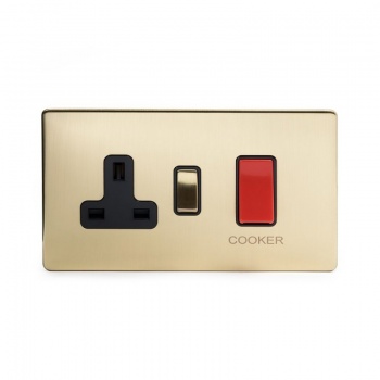 Brushed Brass Period 45A Cooker Control With Socket With Black Insert