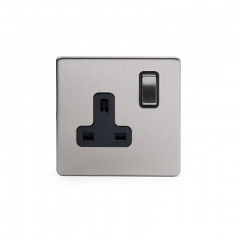 Brushed Chrome 1 Gang Double Pole Socket with Black Insert Single 13A - Satin Steel - Sockets & Switches