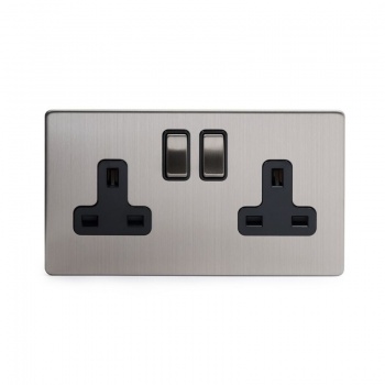 Brushed Chrome 2 Gang Double Pole Socket Black Insert 13A - Satin Steel - Sockets & Switches